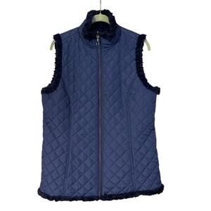 Denim & Co Small Navy Blue Reversible Zip Front Textured Faux Fur Quilted Vest